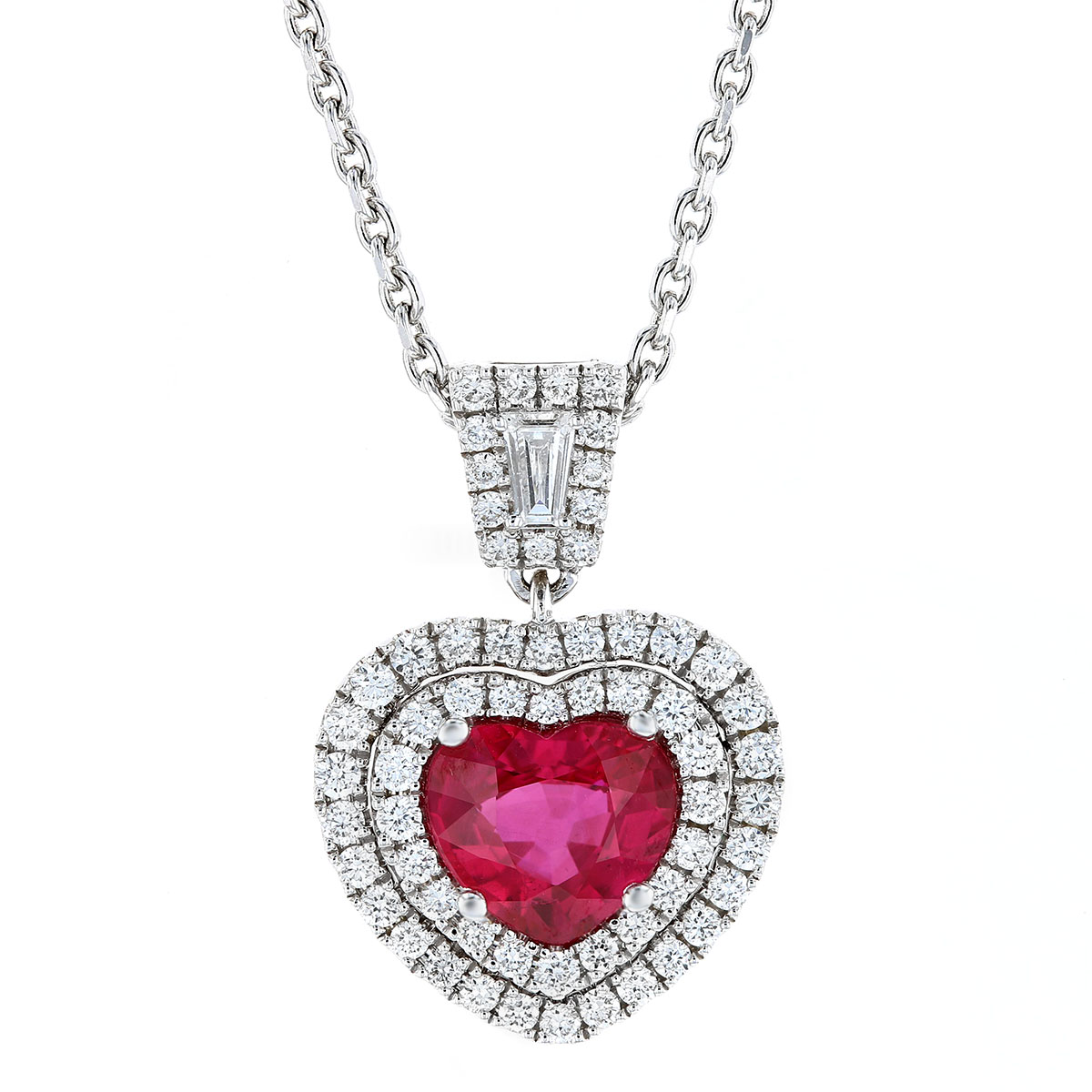 18K White Gold Heart Shaped Ruby & Diamond Double Halo Pendant, 16 ...