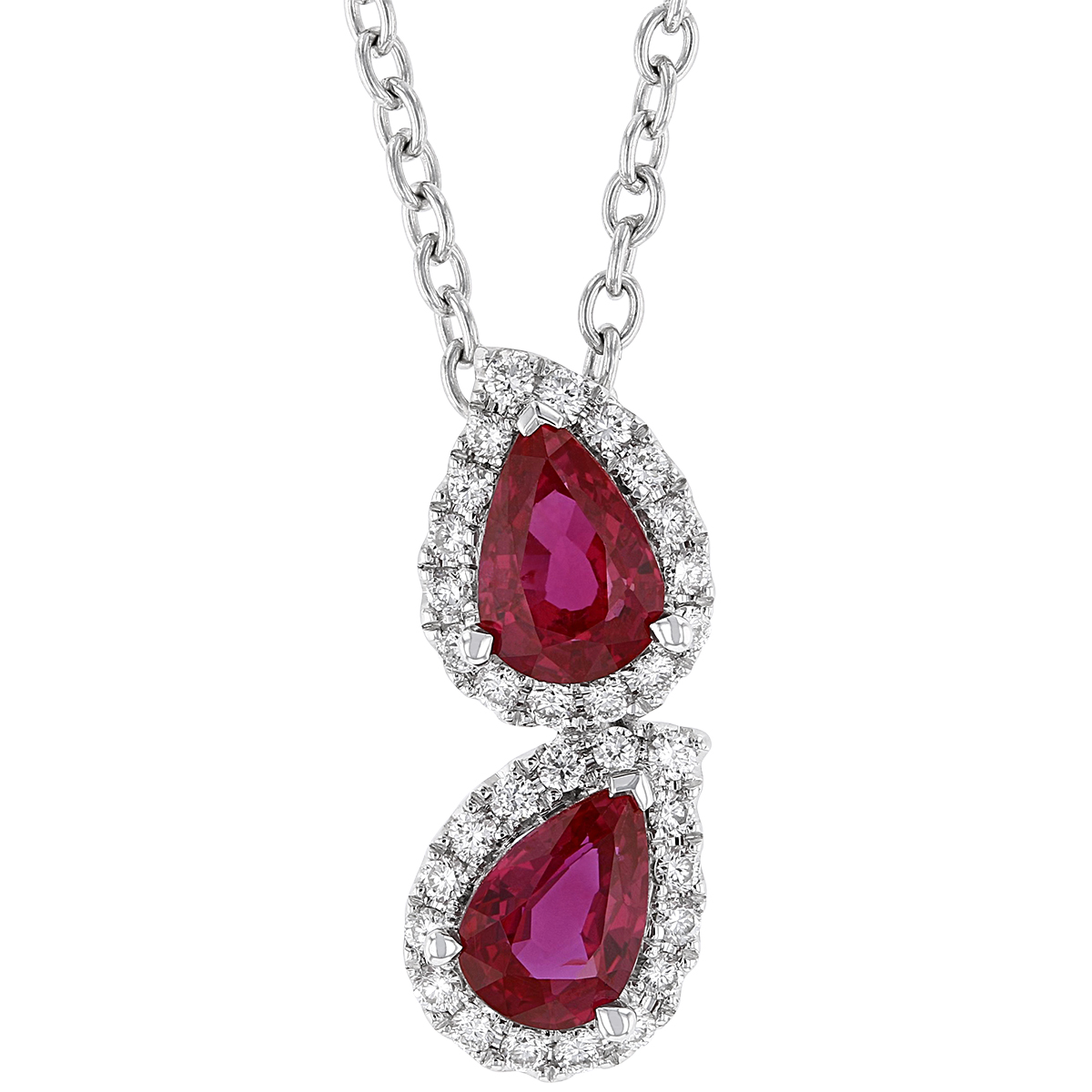 Pear Shaped Ruby & Diamond Halo Double Drop Pendant in White Gold, 18 ...