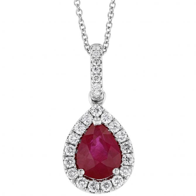 Pear Shaped Ruby & Diamond Halo Pendant in White Gold, 1.42 ct