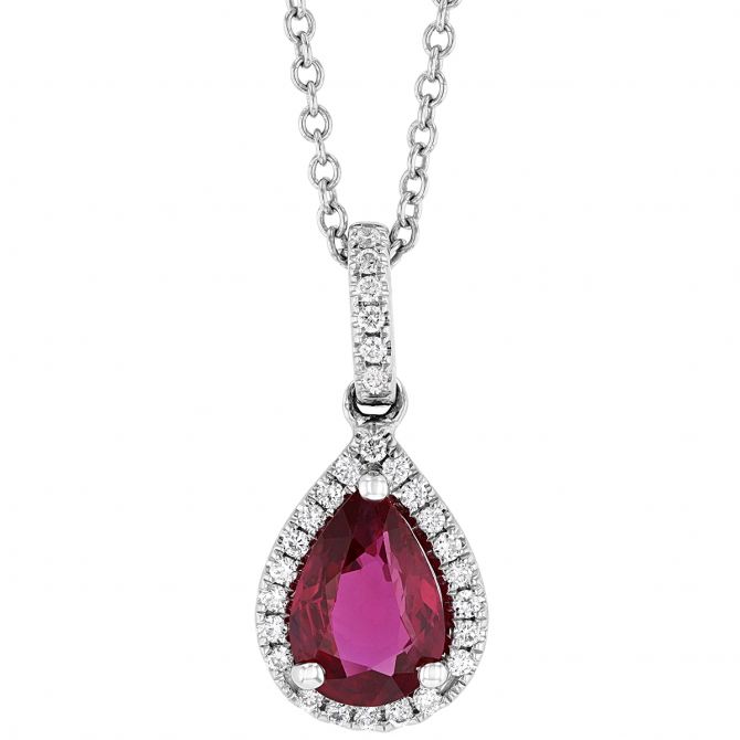 Pear Shaped Ruby & Diamond Halo Pendant in White Gold, .69 ct