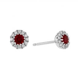 Image for 14K White Gold Ruby & Diamond Halo Earrings