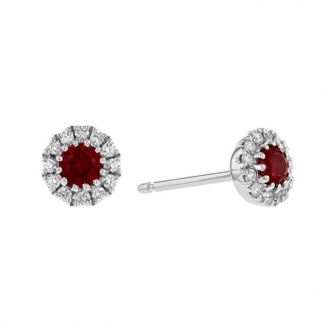 14K White Gold Ruby & Diamond Halo Earrings