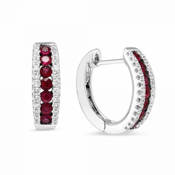 14K White Gold Ruby & Diamond 3 Row Huggie Hoop Earrings