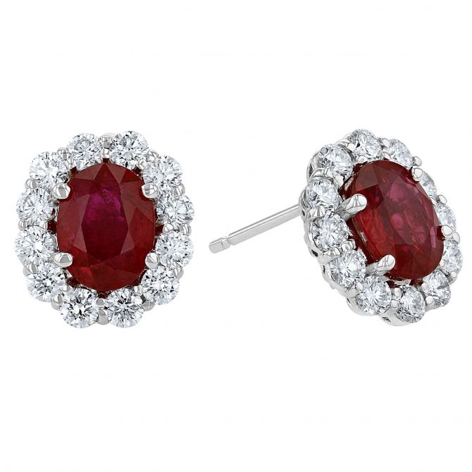 Oval Ruby & Diamond Halo Postback Earrings in White Gold