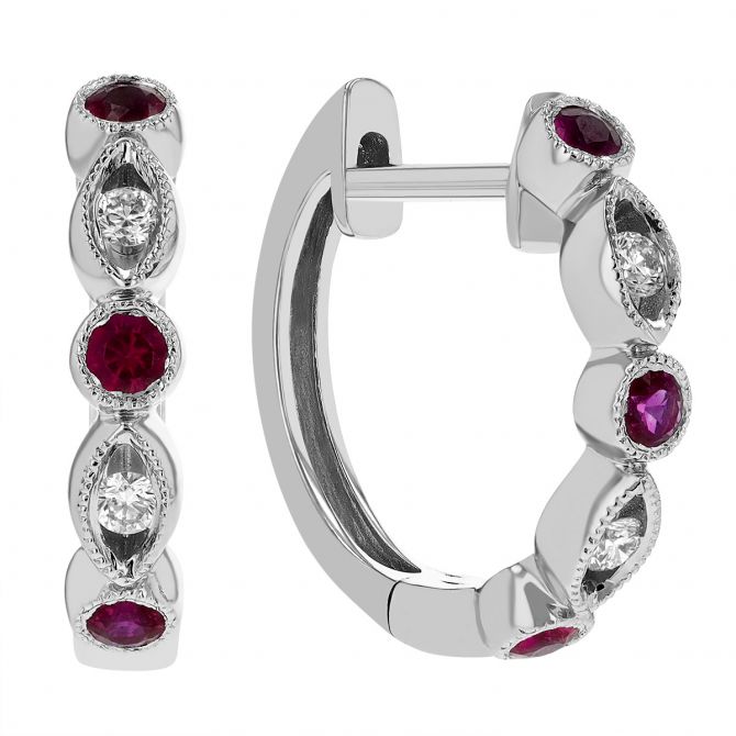 Round Ruby & Diamond Navette Hinged Hoop Earrings in White Gold