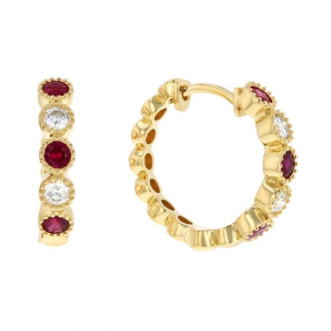 18K Yellow Gold Round Ruby & Diamond Milgrain Hoop Earrings