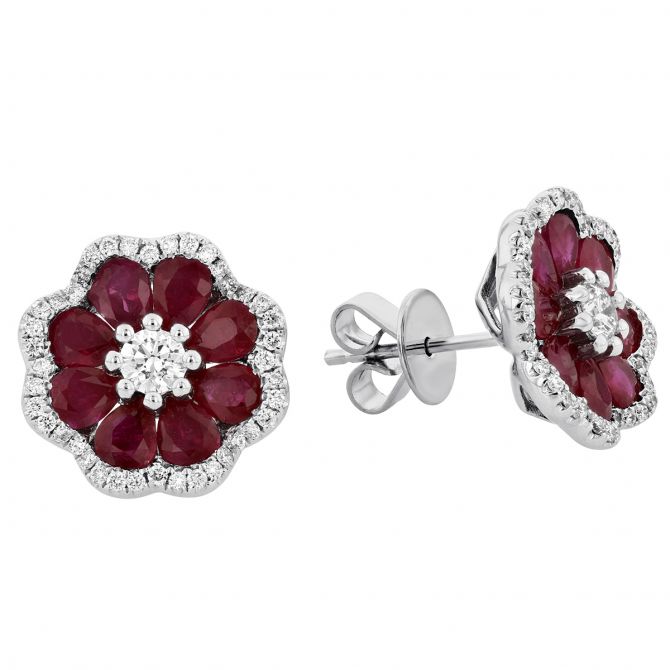 18K White Gold Pear Shaped Ruby & Diamond Flower Post Earrings