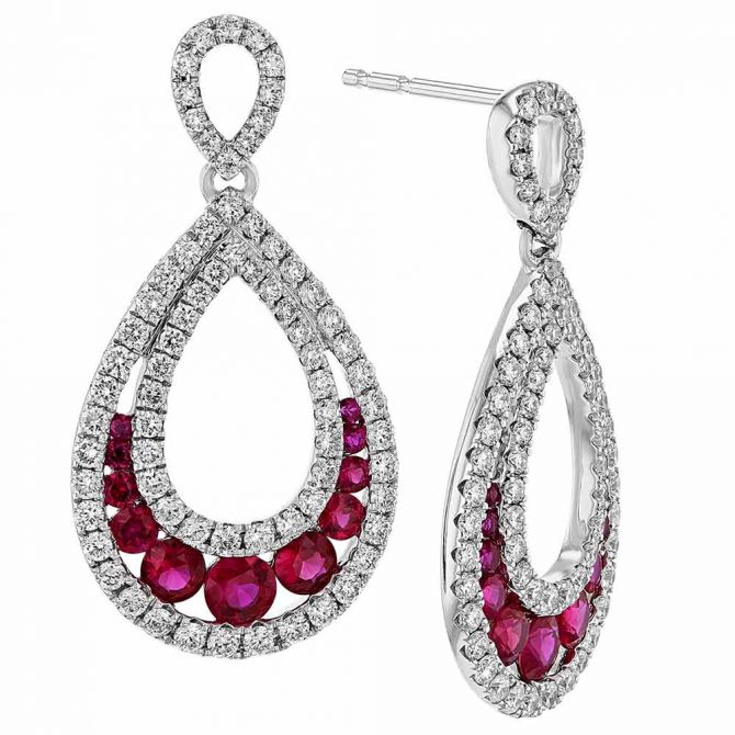 Ruby & Diamond Graduated Teardrop Infinity Loop Drop Earrings in White Gold