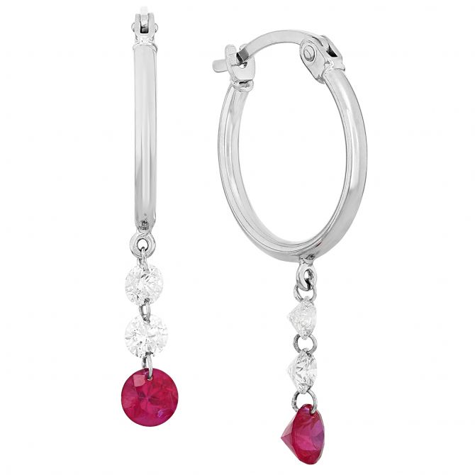 Aresa Ruby & Diamond Trio Dangle Hoop Earrings in White Gold