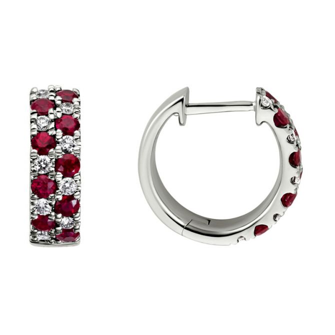 Ruby & Diamond 2 Row Huggie Hoop Earrings in White Gold