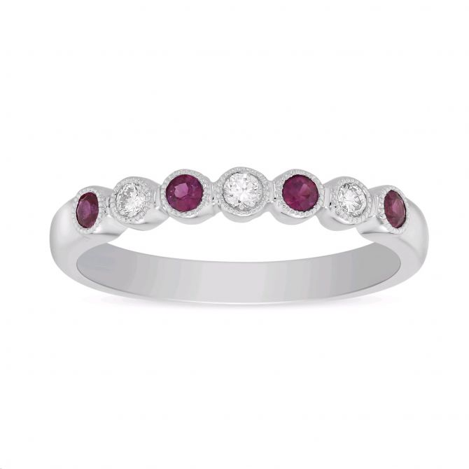 Round Ruby & Diamond Bezel Set Ring in White Gold