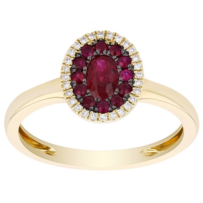 Ruby & Diamond Oval Halo Ring in Yellow Gold