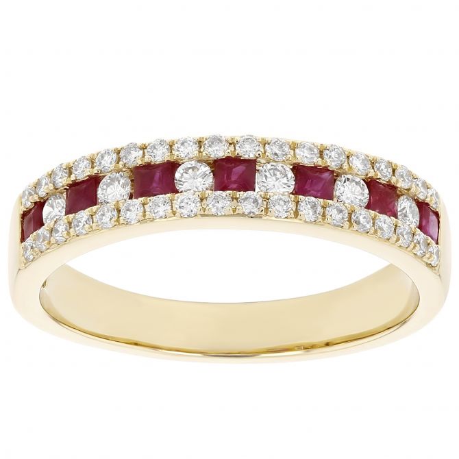 14K Yellow Gold Princess Cut Ruby & Diamond 3 Row Band