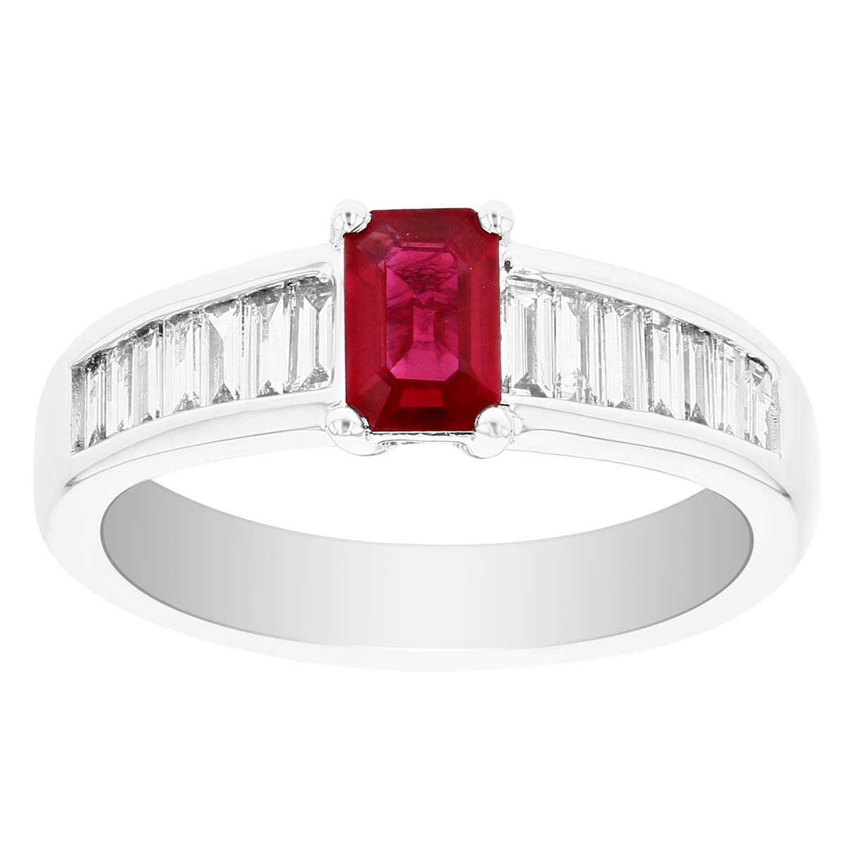 18K White Gold Emerald Cut Ruby & Diamond Baguette Tapered Ring | Borsheims