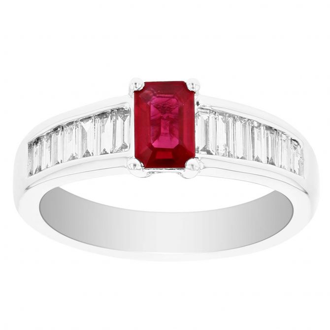 18K White Gold Emerald Cut Ruby & Diamond Baguette Tapered Ring