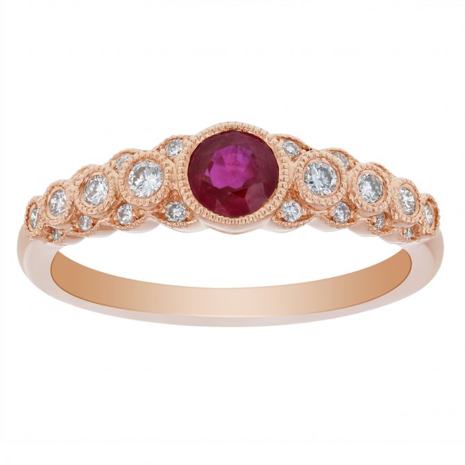 14K Rose Gold Round Ruby & Diamond Stacked 3 Row Milgrain Bezel Ring