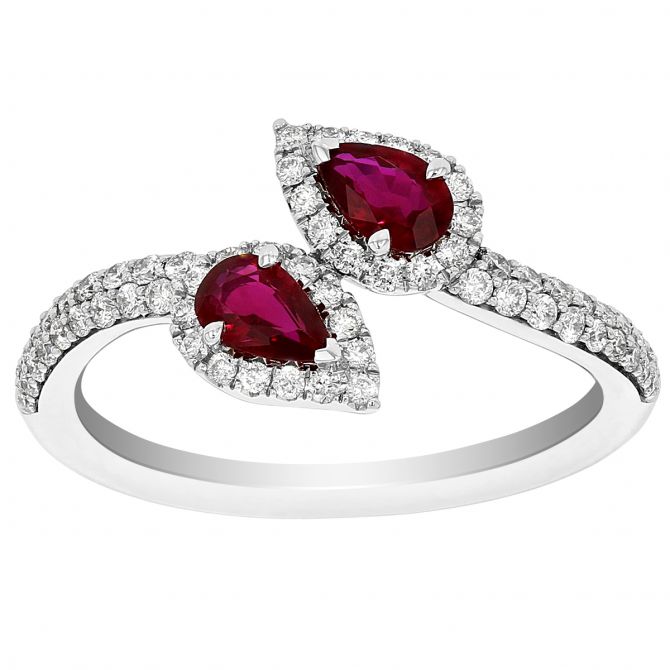 Pear Shaped Ruby & Diamond Halo Bypass Open Ring in White Gold