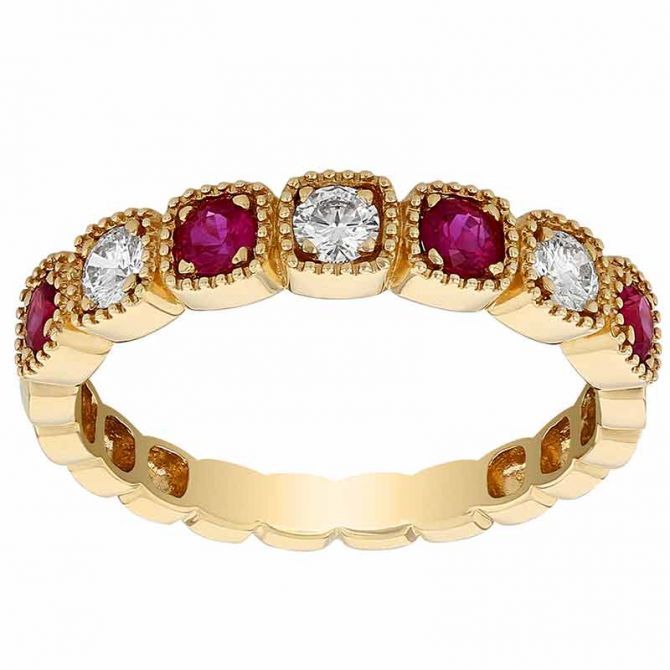 Ruby & Diamond Alternating Milgrain Half Eternity Ring in Yellow Gold