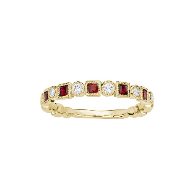 Princess Cut Ruby & Round Diamond Geometric Milgrain Ring in Yellow Gold