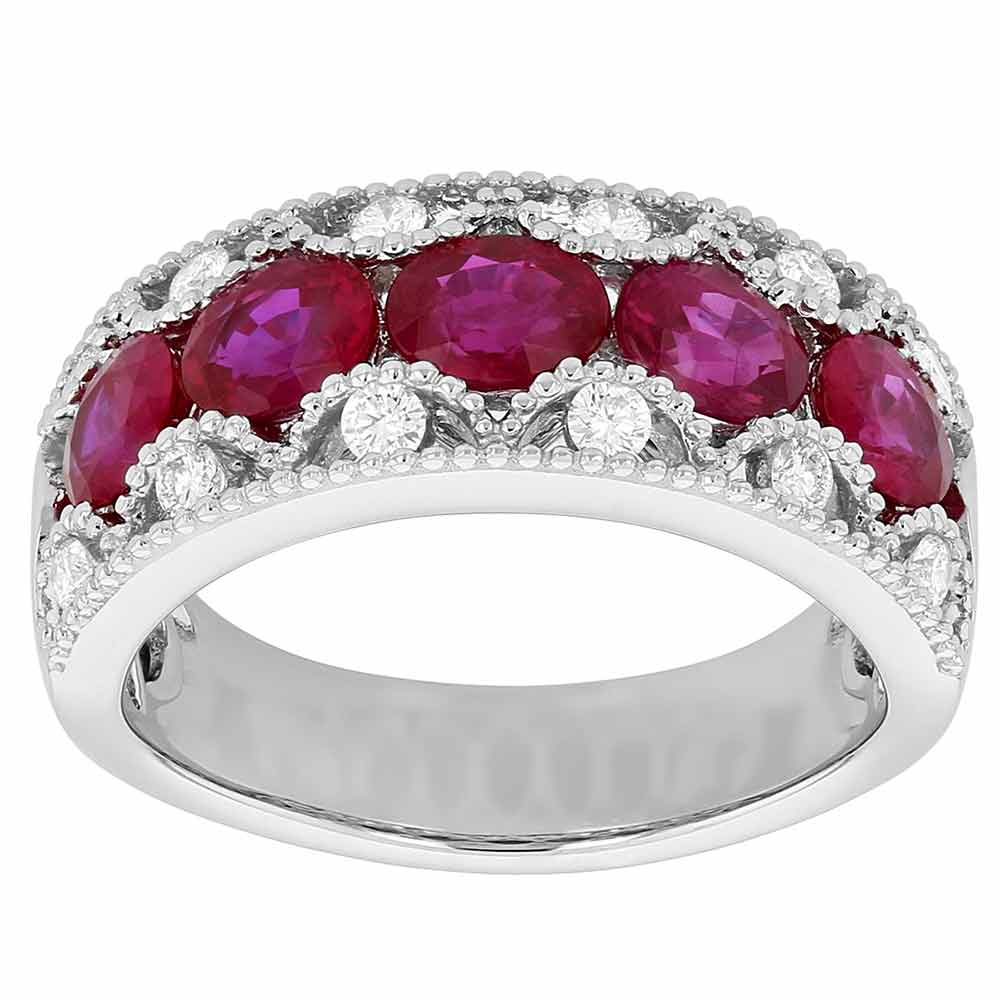 Oval Ruby & Diamond Milgrain Pattern 3 Row Ring in White Gold | Borsheims