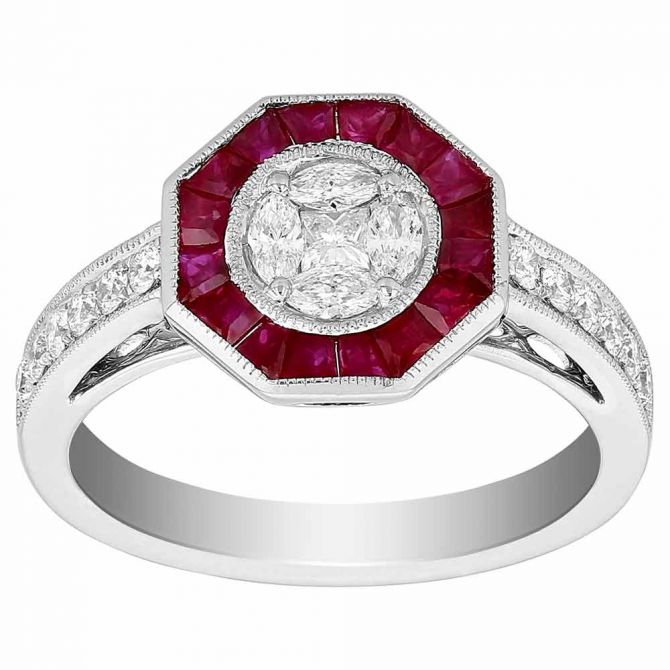 Calibre Cut Ruby & Multi Shape Diamond Illusion Milgrain Octagon Ring in White Gold