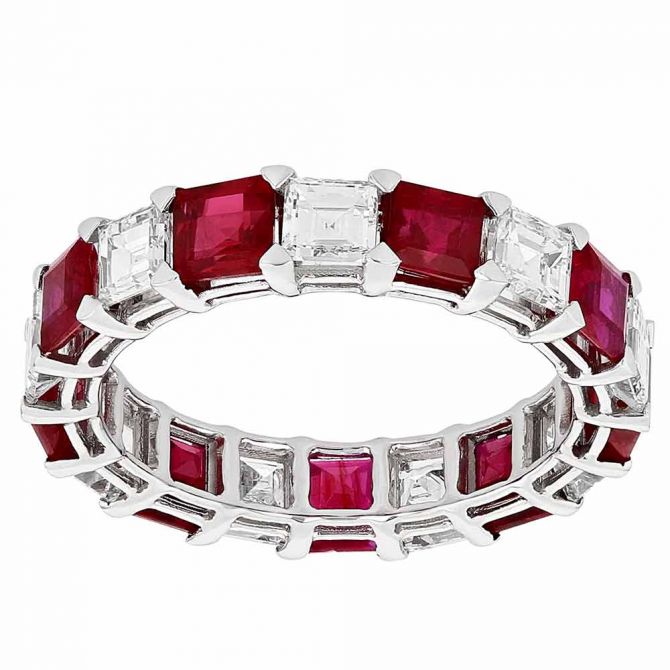 Square Step Cut Ruby & Diamond Alternating Eternity Ring in White Gold, Size 6