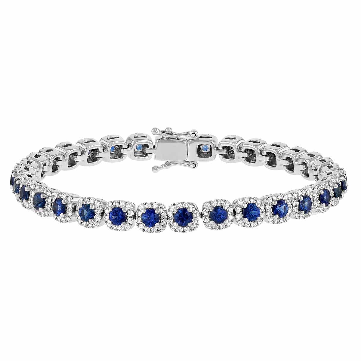 Sapphire & Diamond Halo Tennis Bracelet in White Gold, 6.75