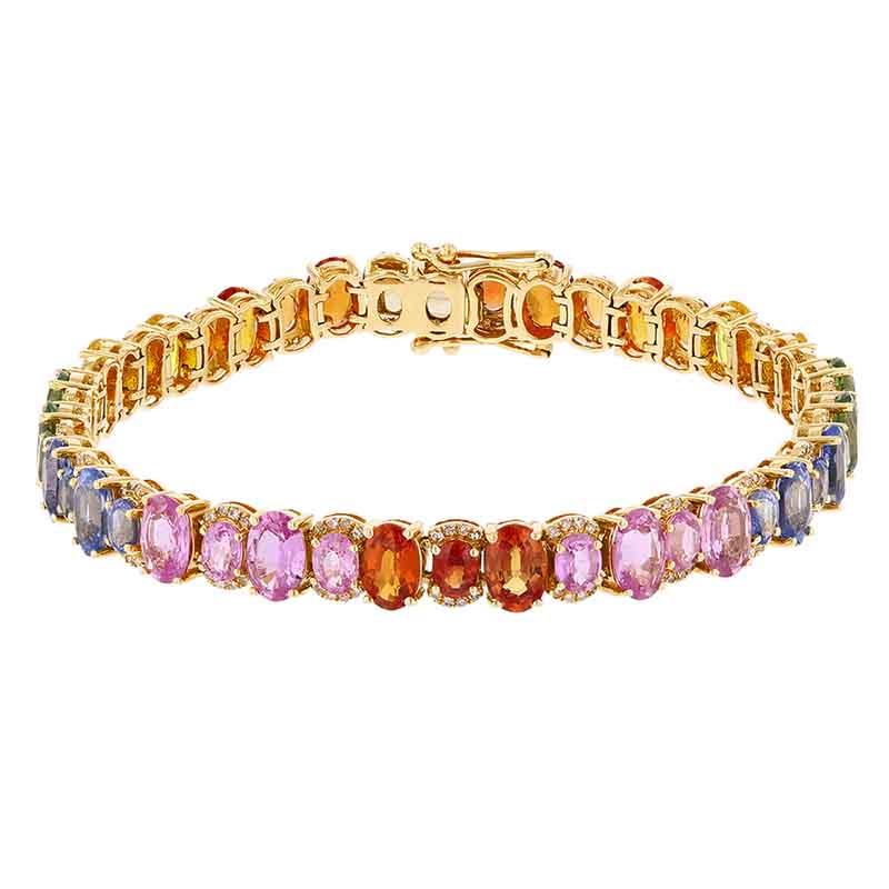 Oval Multi Colored Sapphire & Diamond Bracelet in Yellow Gold, 6.75 ...