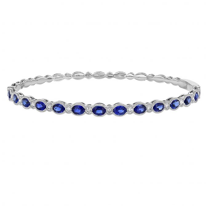 Sapphire & Diamond Milgrain Bezel Set Hinged Bangle Bracelet in White Gold