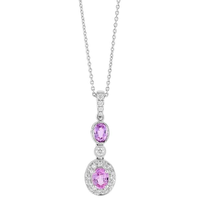 Oval Pink Sapphire & Diamond Double Dangle Pendant in White Gold, 18"