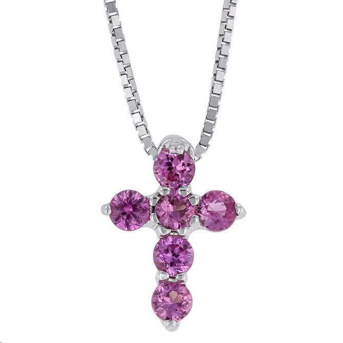 Petite Pink Sapphire Cross Pendant in White Gold, 16"