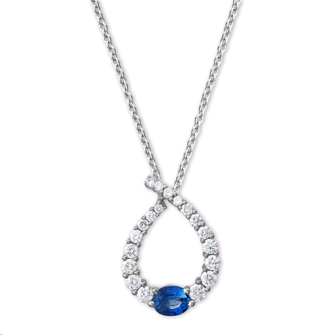 Oval Sapphire & Diamond Open Teardrop Pendant in White Gold, 18 ...