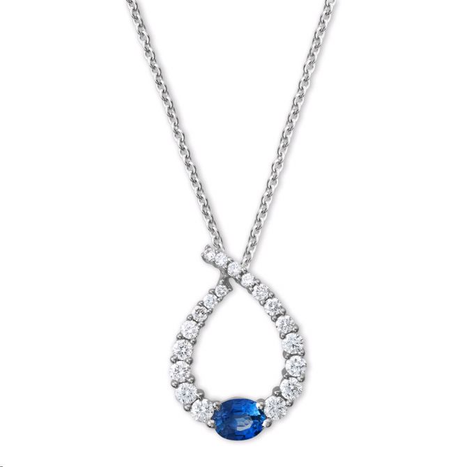 Oval Sapphire & Diamond Open Teardrop Pendant in White Gold, 18"