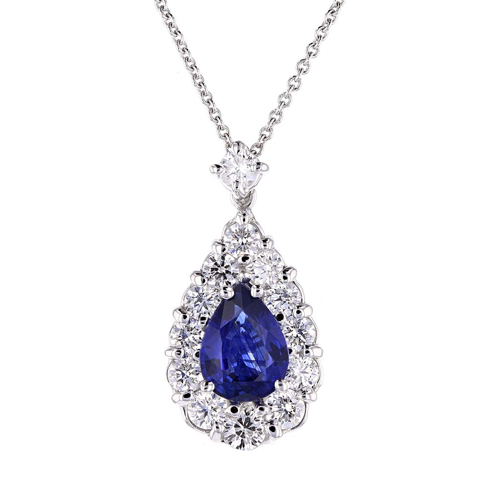 Pear Shaped Sapphire & Diamond Halo Pendant in White Gold, 16