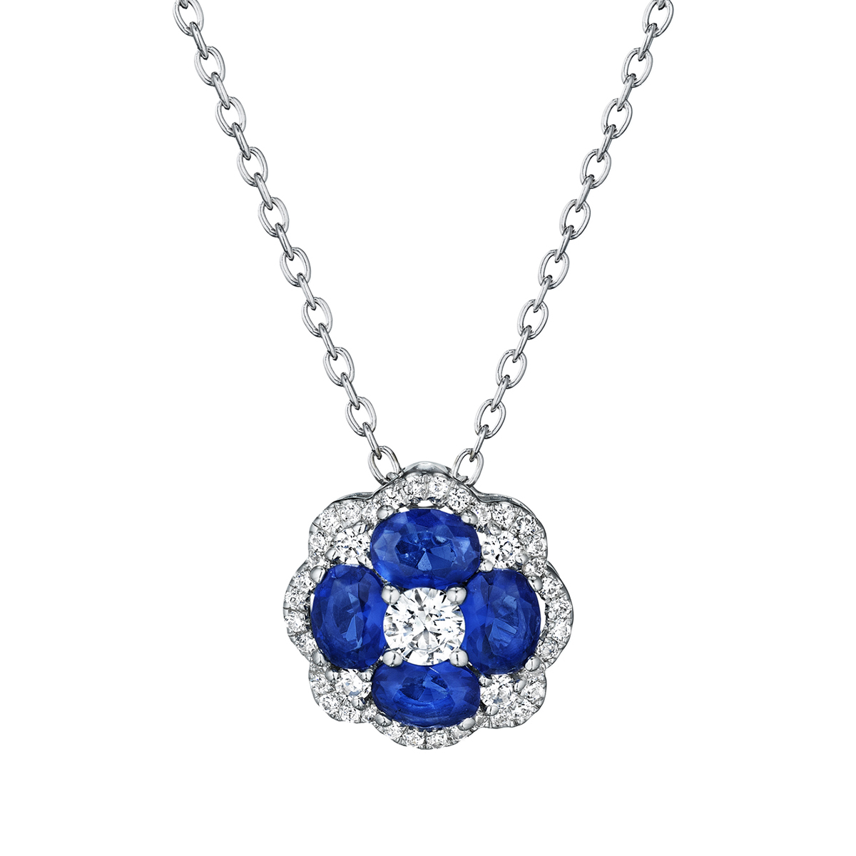 Sapphire & Diamond Flower Pendant in White Gold, 18