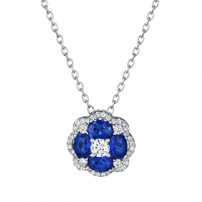 Sapphire & Diamond Flower Pendant in White Gold, 18"