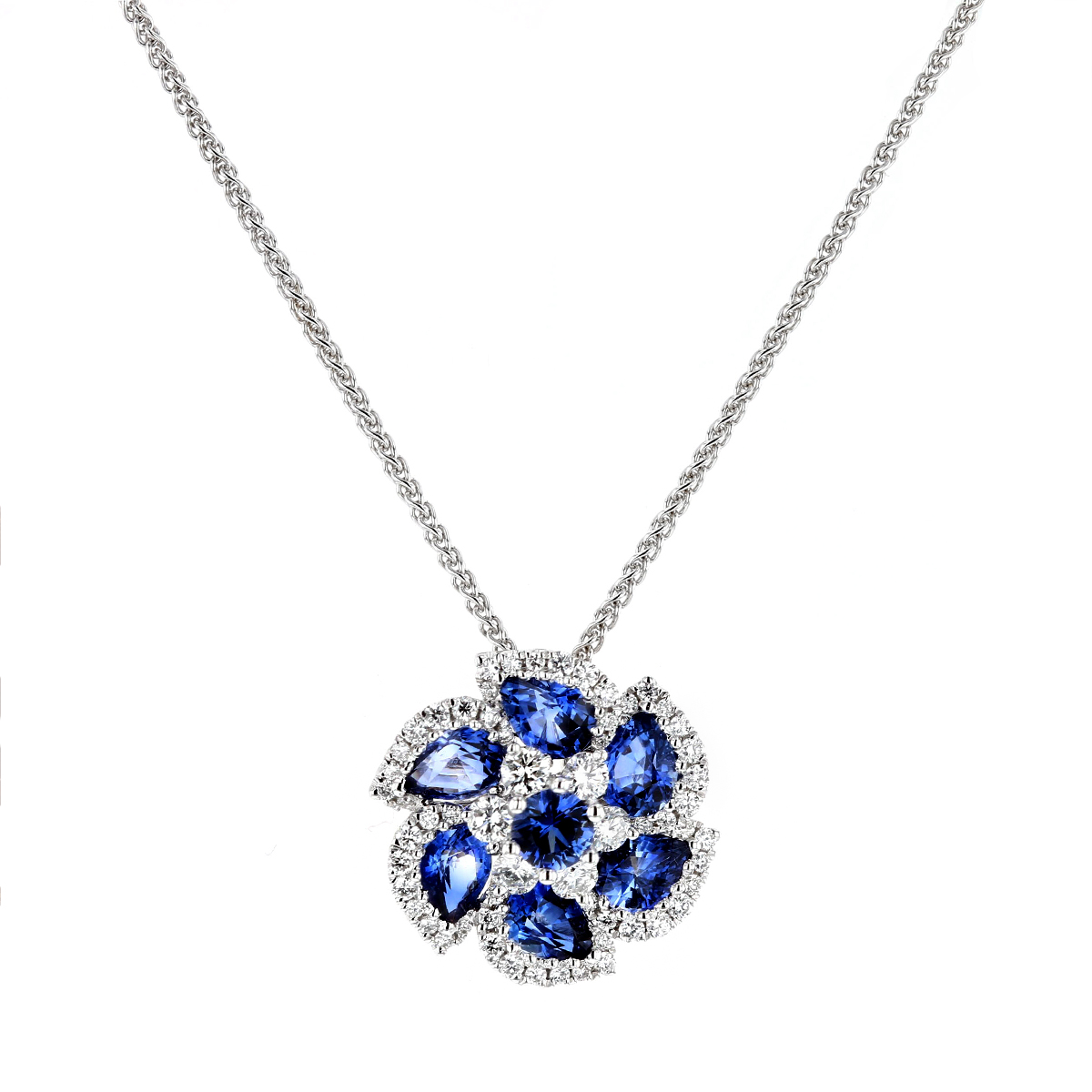 14K White Gold Pear Shaped & Round Sapphire & Diamond Flower Pendant ...