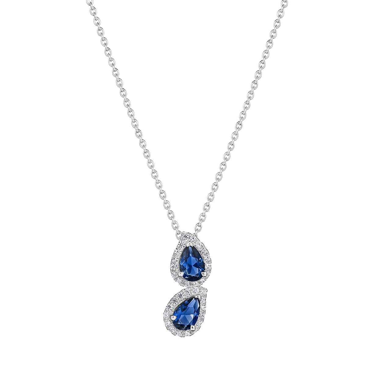 Pear Shaped Sapphire & Diamond Halo Double Drop Pendant in White Gold ...