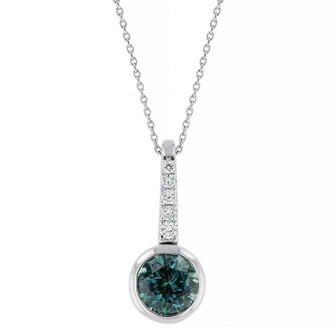 Round Montana Sapphire Bezel Set Pendant with Diamond Bail in White Gold