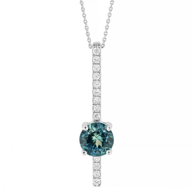 Round Montana Sapphire Pendant with Diamond Bar Bail in White Gold