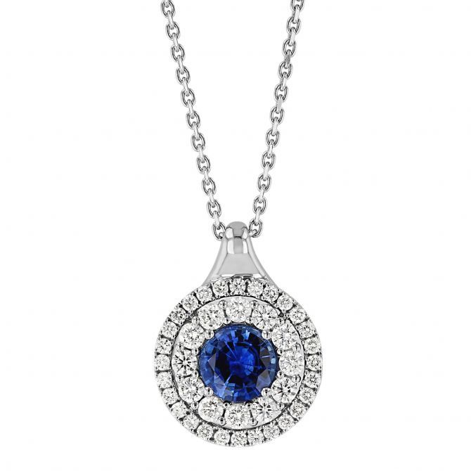 Round Sapphire Pendant with Diamond Double Halo in White Gold, 16"