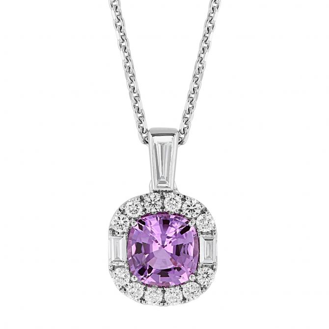 Cushion Pink Sapphire & Diamond Halo Pendant in White Gold, 16"