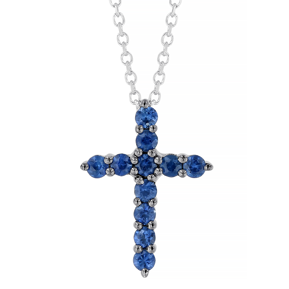 Sapphire Cross Pendant in White Gold, 16