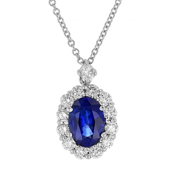 Oval Sapphire & Diamond Halo Pendant in White Gold, 18"