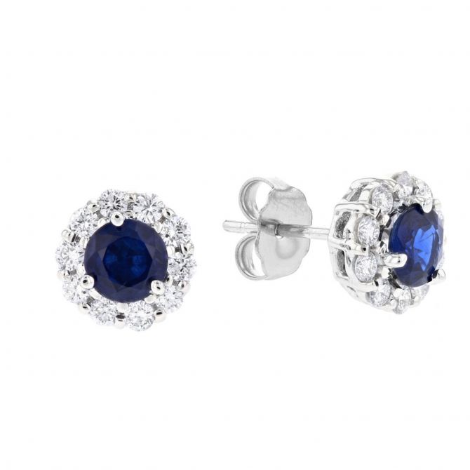 Round Sapphire & Diamond Halo Stud Earrings in White Gold