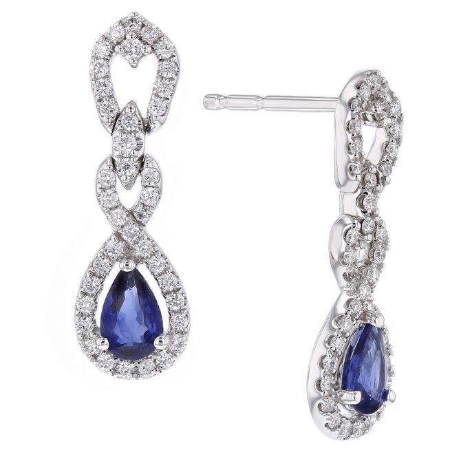 Pear Shaped Sapphire & Diamond Twist Halo Dangle Earrings in White Gold