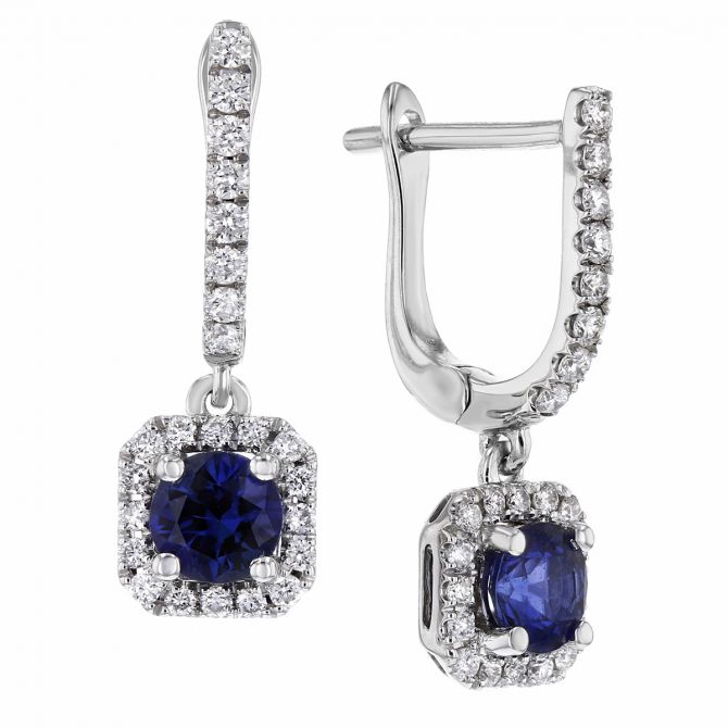 Round Sapphire & Diamond Halo Dangle Earrings in White Gold