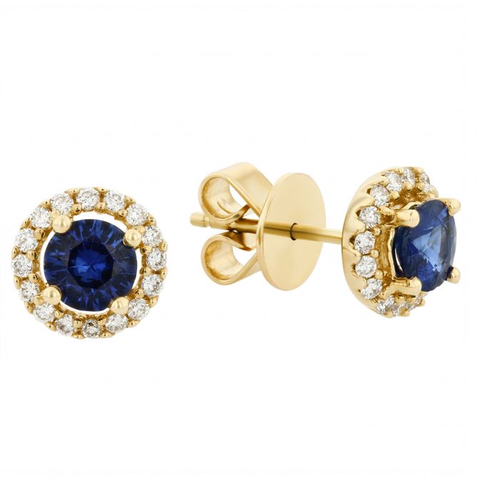 Round Sapphire & Diamond Halo Stud Earrings in Yellow Gold