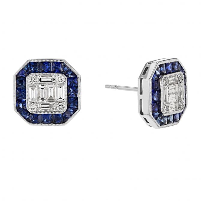 Sapphire & Diamond Mosaic Earrings with Octagonal Frame in White Gold