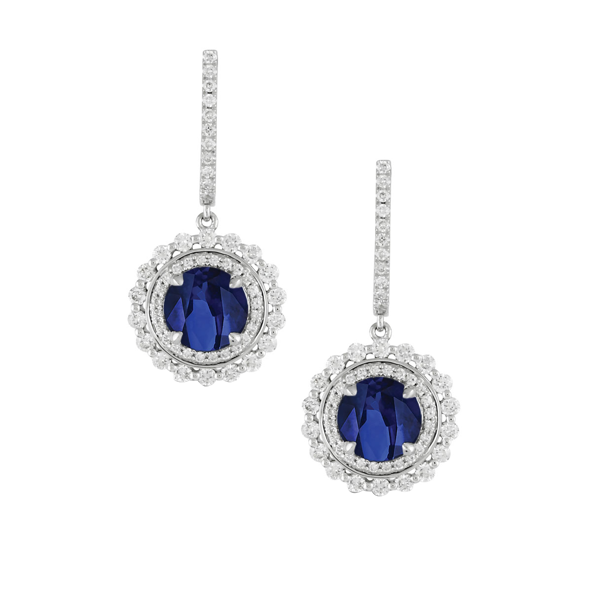 Doves Azure Round Sapphire & Diamond Double Halo Drop Earrings in White ...